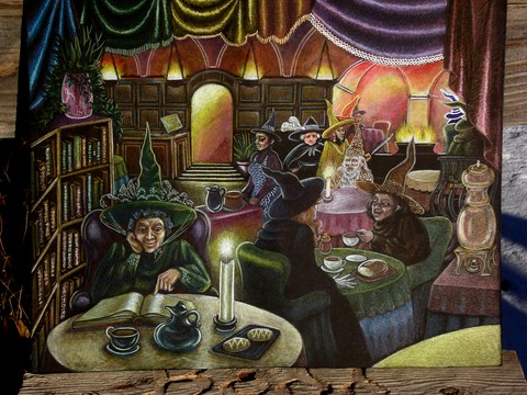 Madame Tisanes Tea Shoppe, a pencil and acrylic original artwork by Sue Bodily